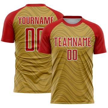 Custom Old Gold Red-White Wavy Lines Sports Sublimation Soccer Uniform Jersey