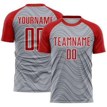 Custom Gray Red-White Wavy Lines Sports Sublimation Soccer Uniform Jersey