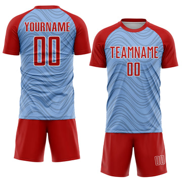 Custom Light Blue Red-White Wavy Lines Sports Sublimation Soccer Uniform Jersey