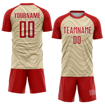 Custom Cream Red-White Wavy Lines Sports Sublimation Soccer Uniform Jersey