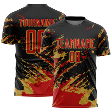 Custom Black Red-Old Gold Abstract Fragment Art Splash Sports Sublimation Soccer Uniform Jersey