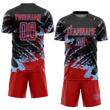 Custom Black Red-Light Blue Abstract Fragment Art Splash Sports Sublimation Soccer Uniform Jersey