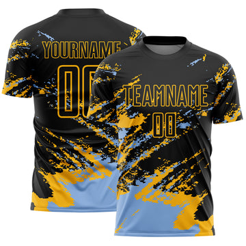 Custom Black Light Blue-Gold Abstract Fragment Art Splash Sports Sublimation Soccer Uniform Jersey