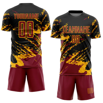 Custom Black Crimson-Gold Abstract Fragment Art Splash Sports Sublimation Soccer Uniform Jersey