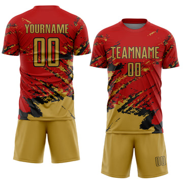 Custom Red Old Gold-Black Abstract Fragment Art Splash Sports Sublimation Soccer Uniform Jersey
