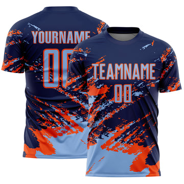 Custom Navy Light Blue-Orange Abstract Fragment Art Splash Sports Sublimation Soccer Uniform Jersey