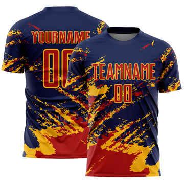 Custom Navy Red-Gold Abstract Fragment Art Splash Sports Sublimation Soccer Uniform Jersey