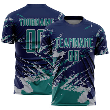 Custom Navy Teal-Gray Abstract Fragment Art Splash Sports Sublimation Soccer Uniform Jersey