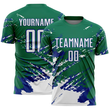 Custom Kelly Green White-Royal Abstract Fragment Art Splash Sports Sublimation Soccer Uniform Jersey