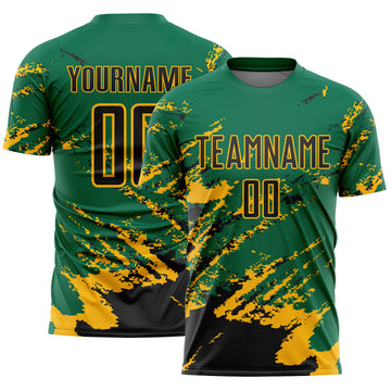 Custom Kelly Green Black-Gold Abstract Fragment Art Splash Sports Sublimation Soccer Uniform Jersey