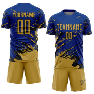 Custom Royal Old Gold-Black Abstract Fragment Art Splash Sports Sublimation Soccer Uniform Jersey