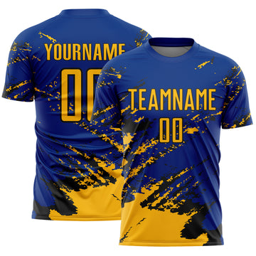 Custom Royal Gold-Black Abstract Fragment Art Splash Sports Sublimation Soccer Uniform Jersey