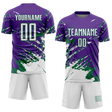 Custom Purple White-Kelly Green Abstract Fragment Art Splash Sports Sublimation Soccer Uniform Jersey