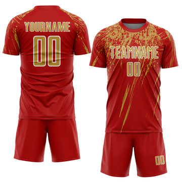 Custom Red Old Gold-White Splash Sports Sublimation Soccer Uniform Jersey