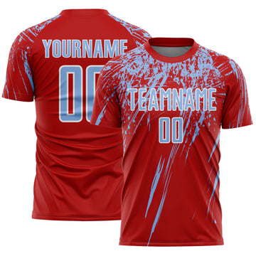 Custom Red Light Blue-White Splash Sports Sublimation Soccer Uniform Jersey
