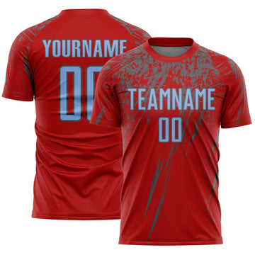 Custom Red Light Blue-Steel Gray Splash Sports Sublimation Soccer Uniform Jersey