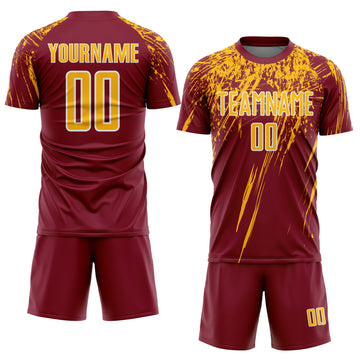 Custom Crimson Gold-White Splash Sports Sublimation Soccer Uniform Jersey