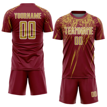 Custom Crimson Old Gold-White Splash Sports Sublimation Soccer Uniform Jersey