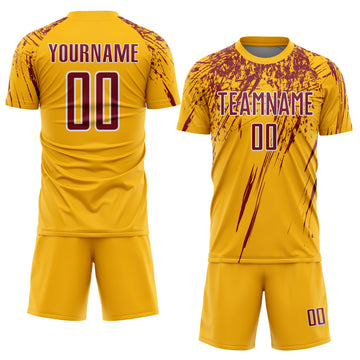 Custom Gold Crimson-White Splash Sports Sublimation Soccer Uniform Jersey