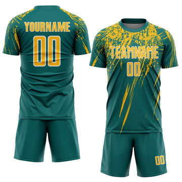 Custom Teal Gold-White Splash Sports Sublimation Soccer Uniform Jersey