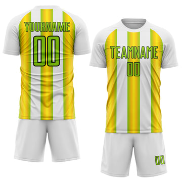 Custom White Neon Green Yellow-Black Stripes Sports Sublimation Soccer Uniform Jersey