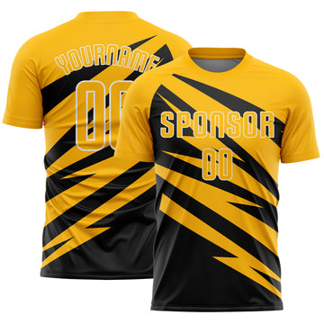 Custom Gold Black-White Abstract Line Sports Sublimation Soccer Uniform Jersey