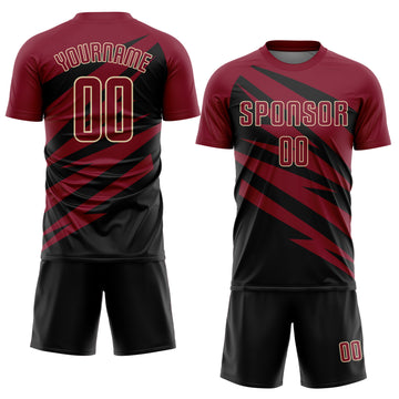 Custom Crimson Black-Cream Abstract Line Sports Sublimation Soccer Uniform Jersey