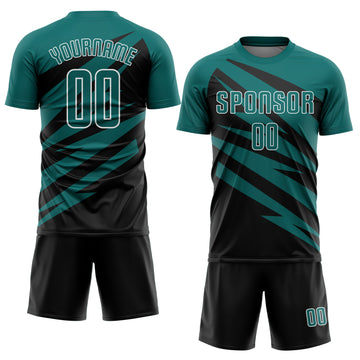 Custom Teal Black-White Abstract Line Sports Sublimation Soccer Uniform Jersey