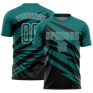 Custom Teal Black-White Abstract Line Sports Sublimation Soccer Uniform Jersey