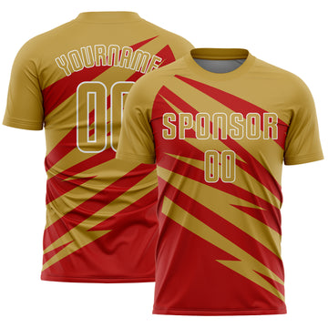 Custom Old Gold Red-White Abstract Line Sports Sublimation Soccer Uniform Jersey