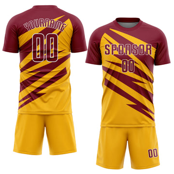 Custom Crimson Gold-White Abstract Line Sports Sublimation Soccer Uniform Jersey