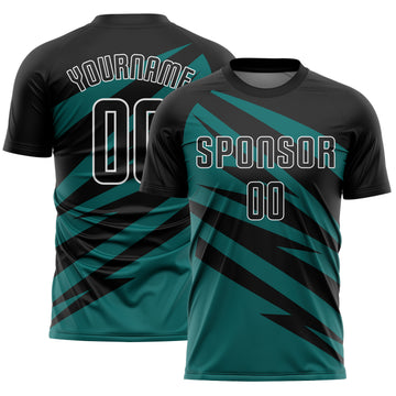 Custom Black Teal-White Abstract Line Sports Sublimation Soccer Uniform Jersey
