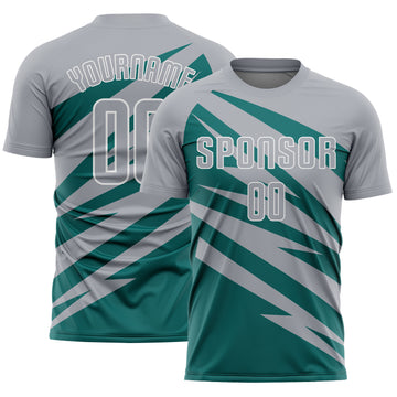 Custom Gray Teal-White Abstract Line Sports Sublimation Soccer Uniform Jersey