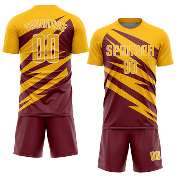 Custom Gold Burgundy-White Abstract Line Sports Sublimation Soccer Uniform Jersey