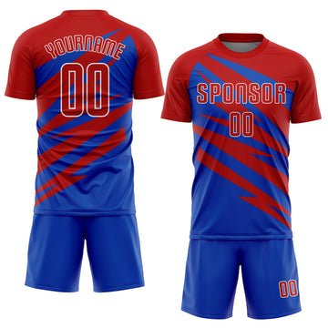 Custom Red Thunder Blue-White Abstract Line Sports Sublimation Soccer Uniform Jersey