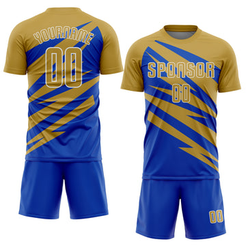 Custom Old Gold Thunder Blue-White Abstract Line Sports Sublimation Soccer Uniform Jersey