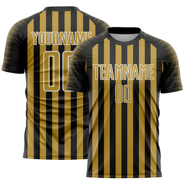 Custom Black Old Gold-White Stripe Sports Sublimation Soccer Uniform Jersey