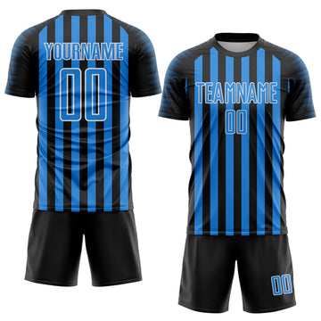 Custom Black Powder Blue-White Stripe Sports Sublimation Soccer Uniform Jersey