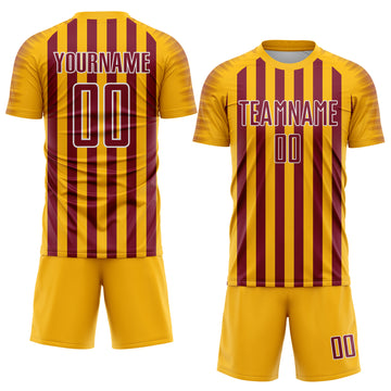 Custom Gold Crimson-White Stripe Sports Sublimation Soccer Uniform Jersey