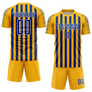 Custom Gold Royal-White Stripe Sports Sublimation Soccer Uniform Jersey