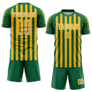 Custom Kelly Green Gold-White Stripe Sports Sublimation Soccer Uniform Jersey