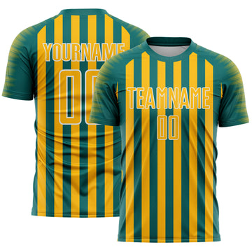 Custom Teal Gold-White Stripe Sports Sublimation Soccer Uniform Jersey