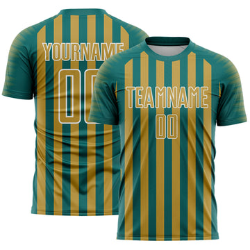 Custom Teal Old Gold-White Stripe Sports Sublimation Soccer Uniform Jersey