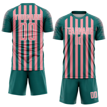 Custom Teal Medium Pink-White Stripe Sports Sublimation Soccer Uniform Jersey