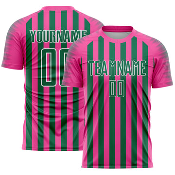 Custom Pink Kelly Green-White Stripe Sports Sublimation Soccer Uniform Jersey
