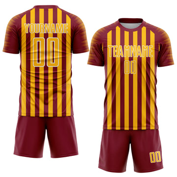 Custom Crimson Gold-White Stripe Sports Sublimation Soccer Uniform Jersey