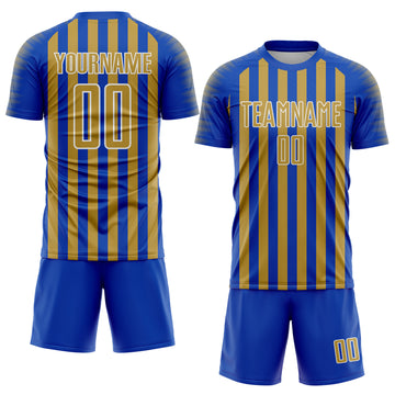 Custom Thunder Blue Old Gold-White Stripe Sports Sublimation Soccer Uniform Jersey