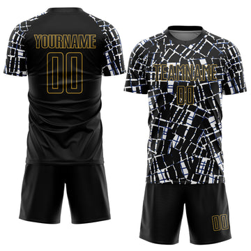 Custom Black White-Old Gold Abstract Line Sports Sublimation Soccer Uniform Jersey