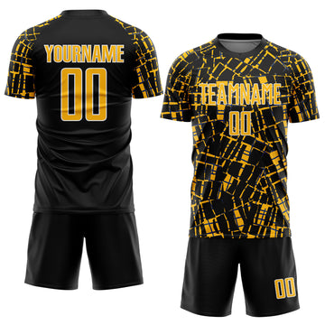 Custom Black Gold-White Abstract Line Sports Sublimation Soccer Uniform Jersey