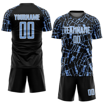 Custom Black Light Blue-White Abstract Line Sports Sublimation Soccer Uniform Jersey